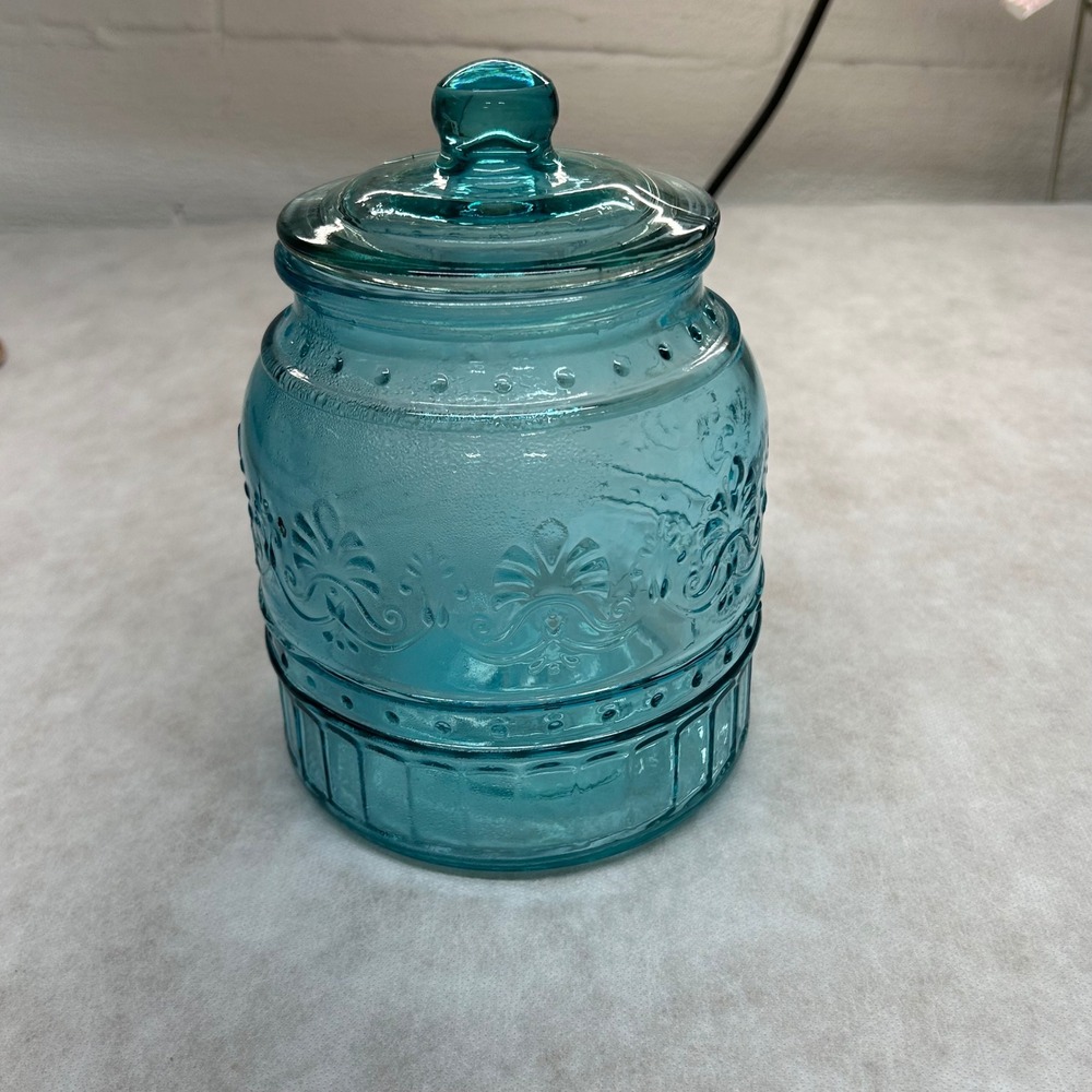 Pioneer Woman Jar Aqua Blue Embossed Glass Canister Kitchen Decor 53 oz.